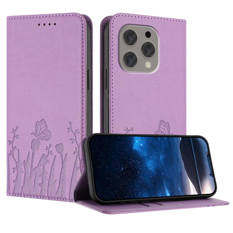 Light purple magnetic vegan leather phone case with tulip and butterfly pattern, flip cover.