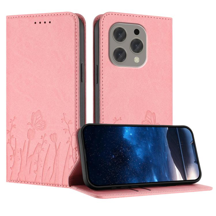 Pink magnetic vegan leather phone case with tulip and butterfly pattern, flip cover.