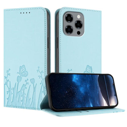 Light blue magnetic vegan leather phone case with tulip and butterfly embossed design.