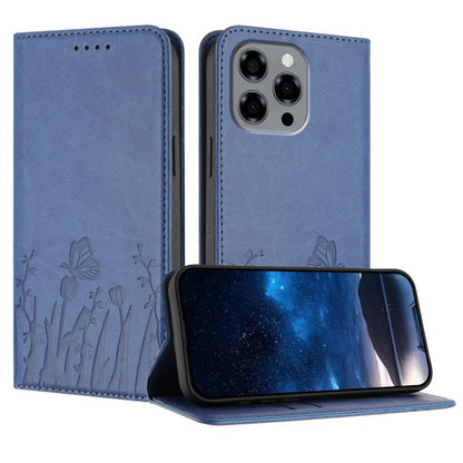 Slate blue magnetic vegan leather phone case with tulip and butterfly embossed design.