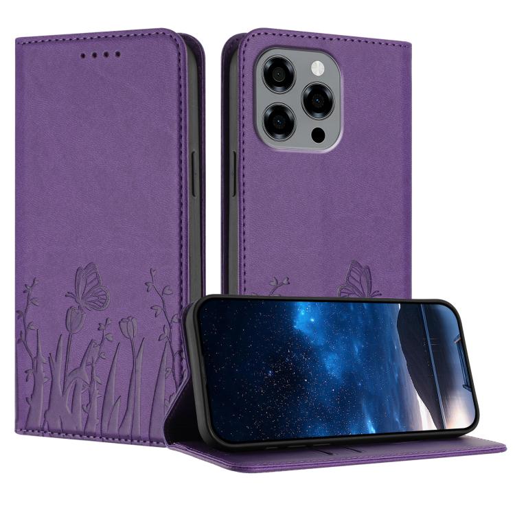 Purple magnetic vegan leather phone case with tulip and butterfly pattern folio