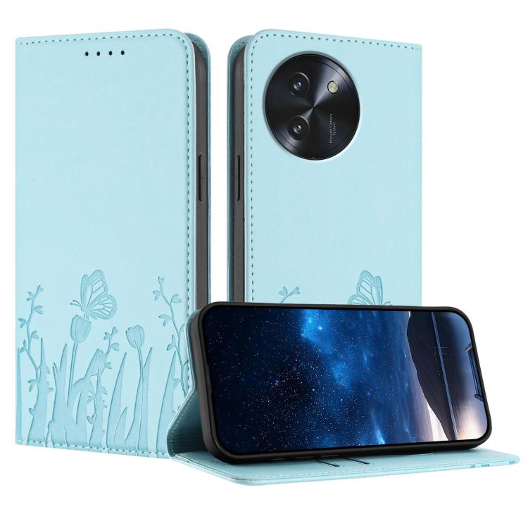 Light blue magnetic phone case with tulip-butterfly pattern, flip cover