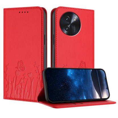 Red magnetic flip phone case with tulip and butterfly pattern, camera cutout
