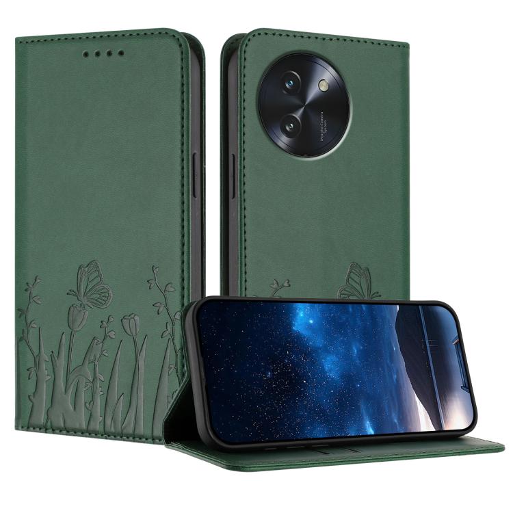 Dark green magnetic vegan leather phone case with tulip and butterfly embossed design.