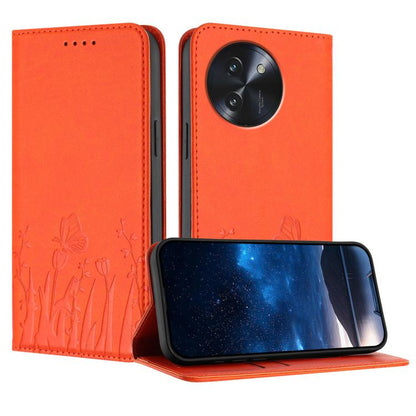 Orange magnetic vegan leather phone case with tulip and butterfly embossed design.