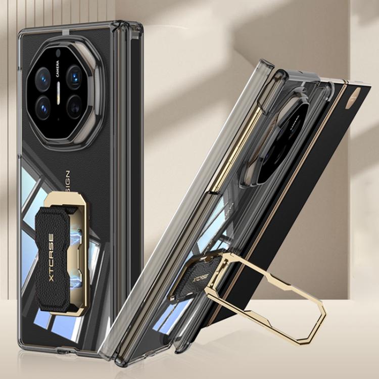 Transparent phone case with black accents and rotating magnetic wristband holder