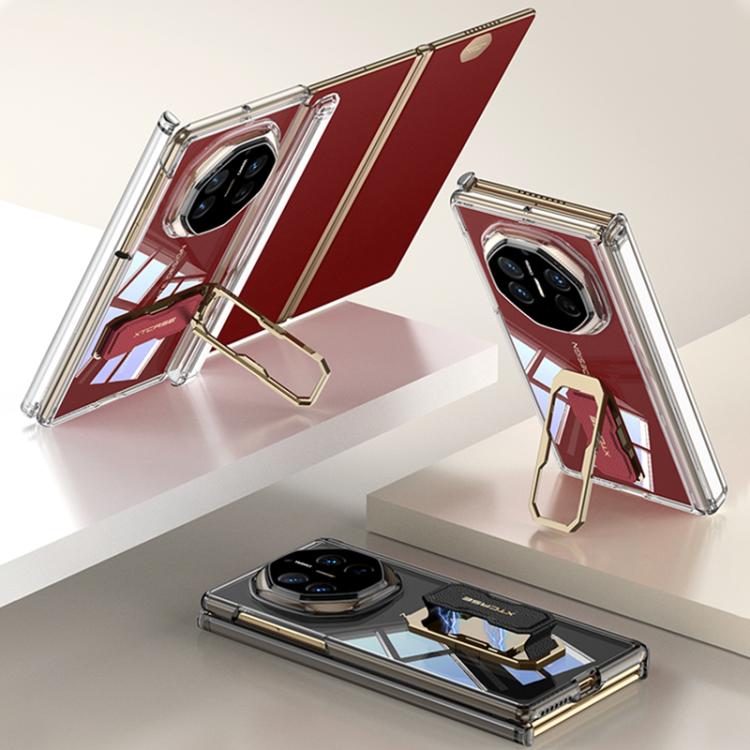 Clear full-coverage phone case with rotating holder and magnetic wristband, red accents