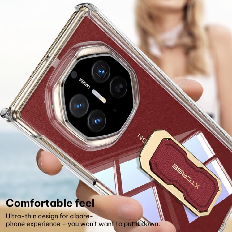 Clear phone case with red back insert and magnetic wristband holder attached