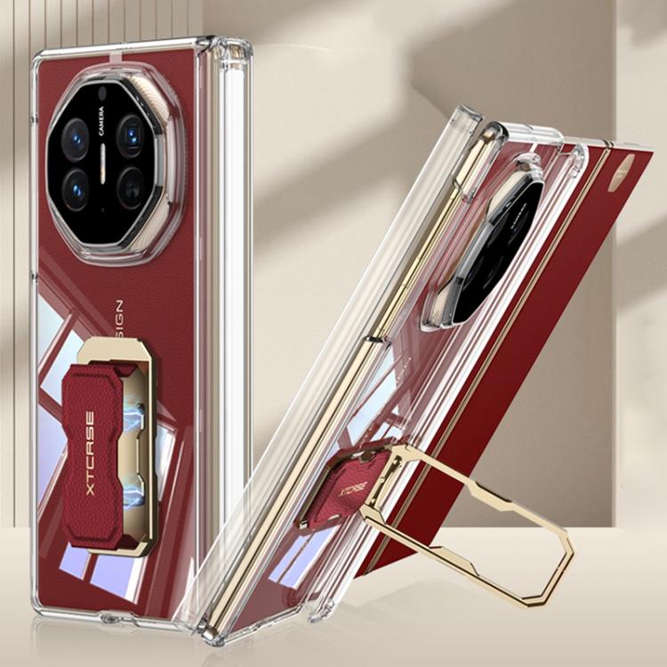 Transparent phone case with rotating magnetic holder and wristband, red inner panel