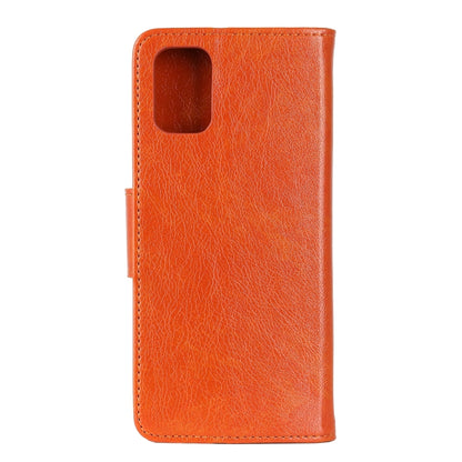 Orange nappa leather flip phone case with camera cutout and side strap