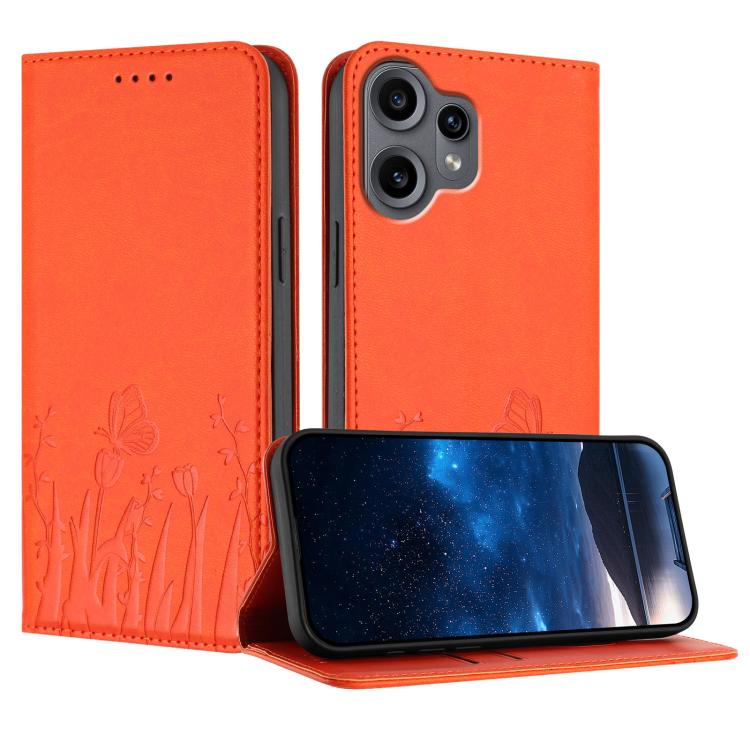Magnetic vegan leather phone case with tulip-butterfly pattern, orange folio wallet