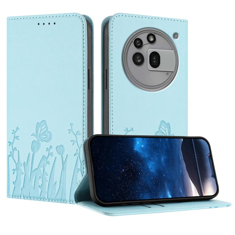 Magnetic vegan leather phone case, light blue tulip butterfly pattern with flap and camera cutout