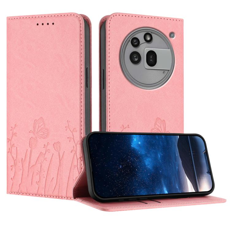 Magnetic vegan leather phone case in pink with tulip and butterfly pattern, flip cover