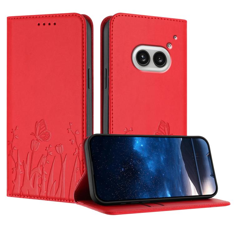Magnetic vegan leather phone case in red with tulip and butterfly pattern, flip cover