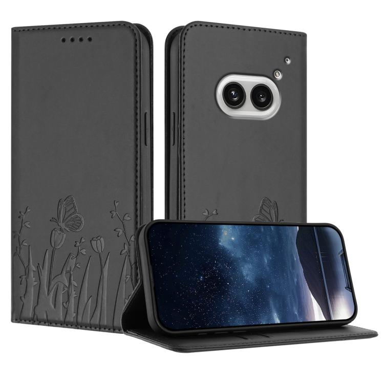 Black magnetic vegan leather phone case with tulip & butterfly pattern, flip cover