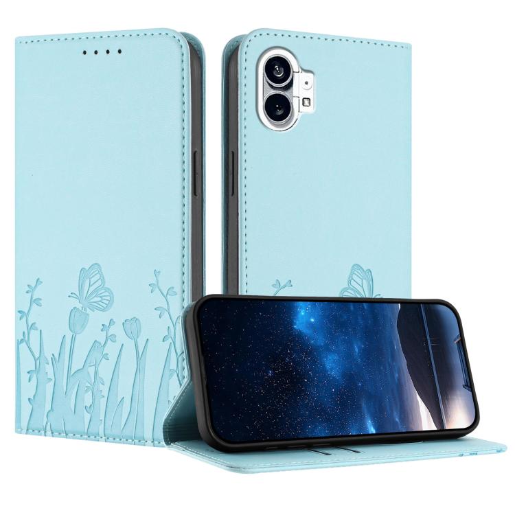 Magnetic vegan leather phone case in light blue with tulip and butterfly pattern, folio style