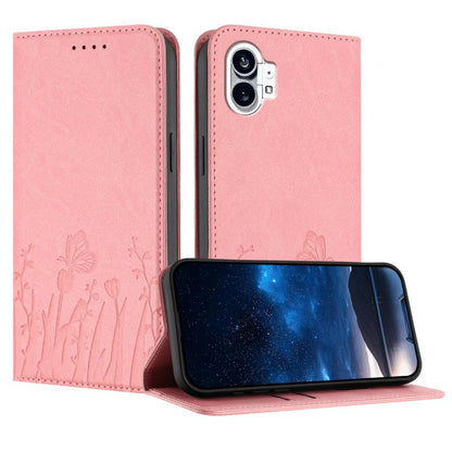 Magnetic vegan leather phone case with tulip and butterfly pattern, pink folio cover