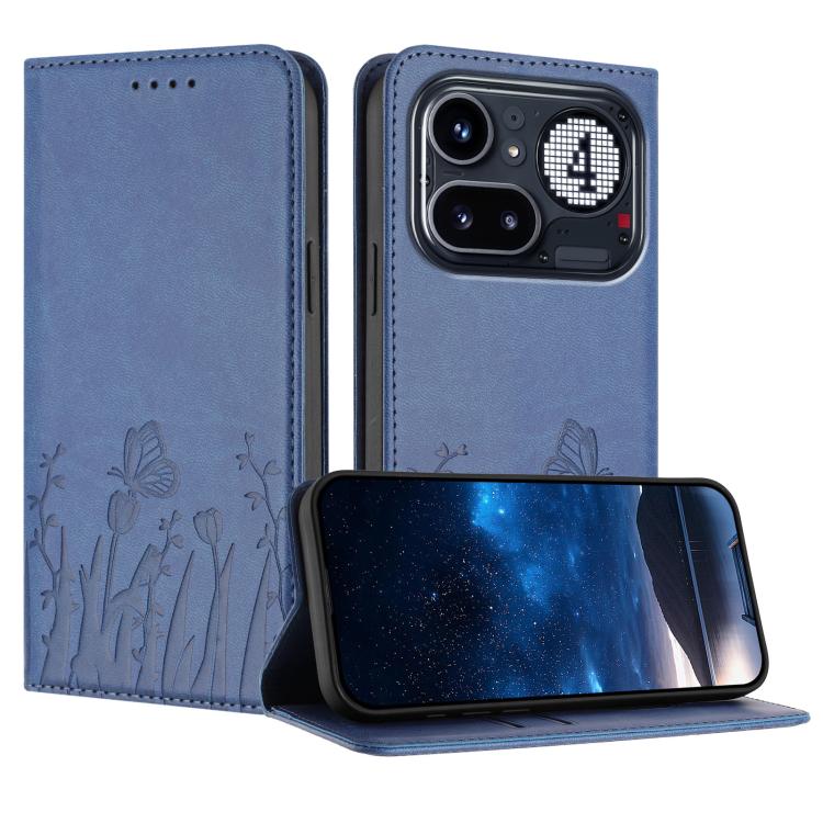 Magnetic vegan leather phone case in dark blue with tulip and butterfly pattern
