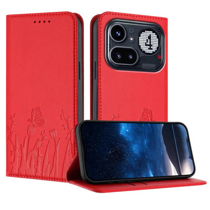 Magnetic vegan leather phone case in red with tulip and butterfly pattern