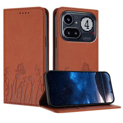 Magnetic vegan leather phone case, orange with butterfly tulip pattern and folio flap