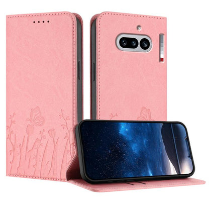Pink magnetic vegan leather phone case with tulip and butterfly pattern, front flap