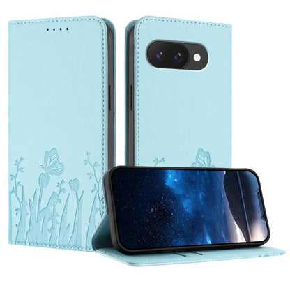 Light blue magnetic vegan leather phone wallet case with tulip and butterfly pattern
