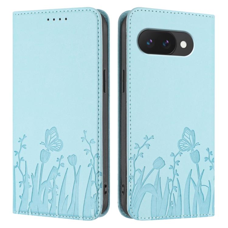 Light blue vegan leather folio phone case with tulip and butterfly pattern