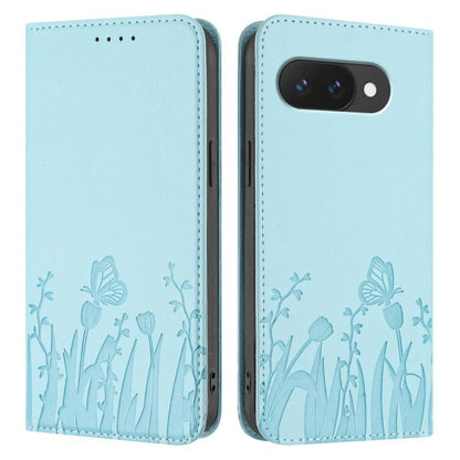 Light blue vegan leather folio phone case with tulip and butterfly pattern