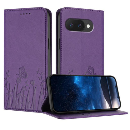 Magnetic vegan leather phone case in purple with tulip and butterfly pattern, folio cover