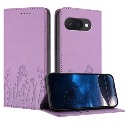 Magnetic vegan leather phone case in light purple with tulip and butterfly pattern, folio