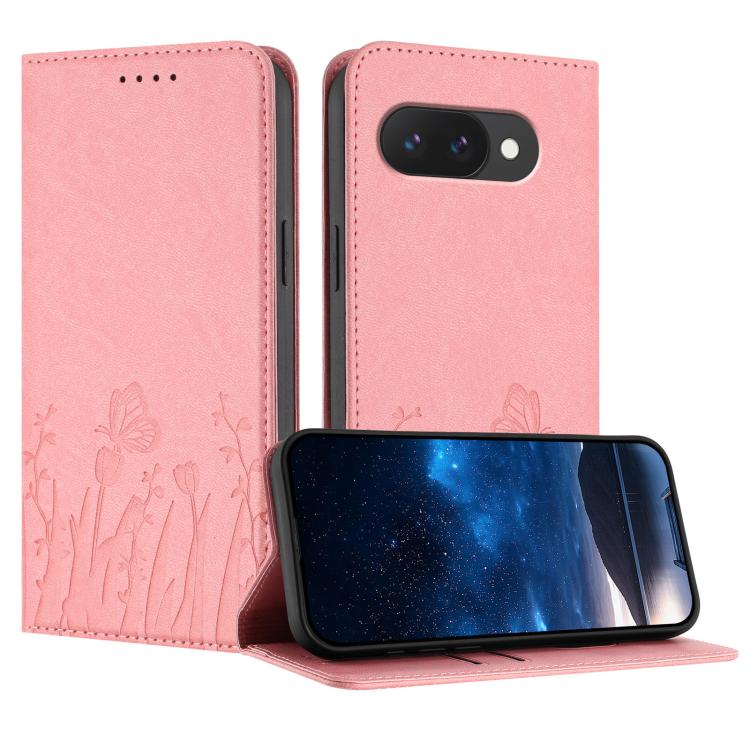Magnetic vegan leather phone case in pink with tulip and butterfly pattern, folio cover