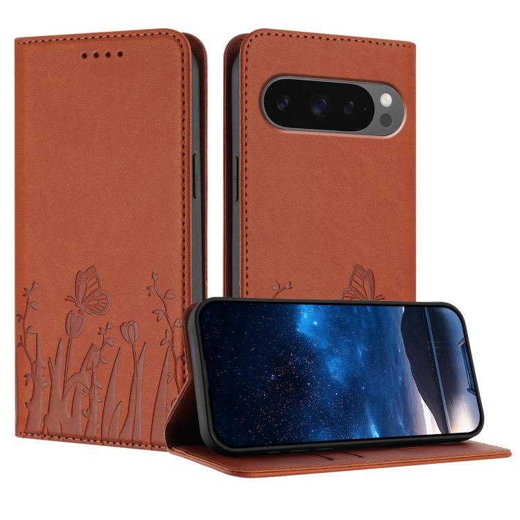 Magnetic vegan leather phone case in orange with tulip and butterfly pattern, flip cover.