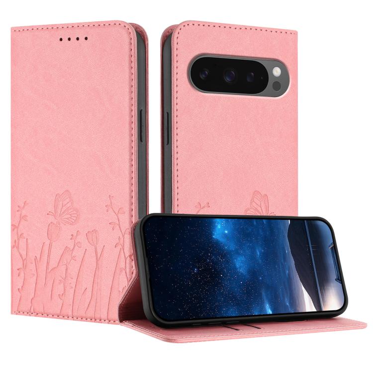 Magnetic vegan leather phone case in pink with tulip and butterfly pattern, flip cover.