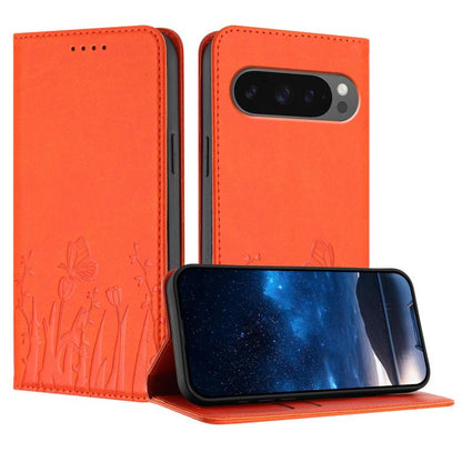 Magnetic vegan leather phone case in orange-red with tulip and butterfly pattern, flip cover.