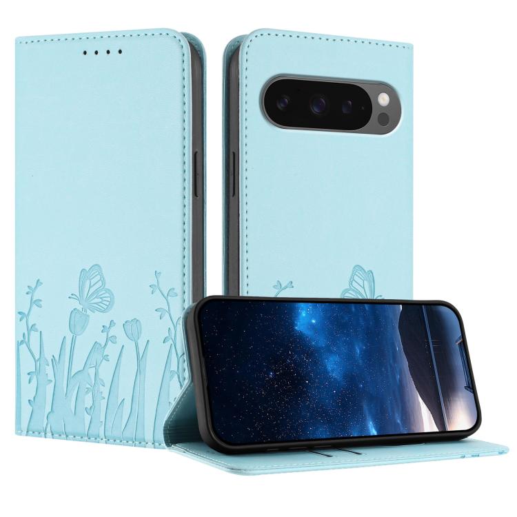 Magnetic vegan leather phone case in light blue with tulip and butterfly pattern, folio