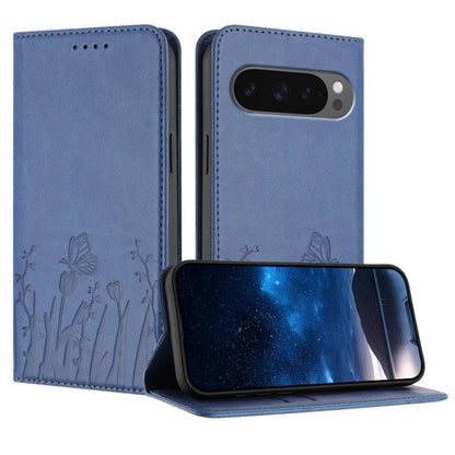 Magnetic vegan leather phone case in navy blue with tulip and butterfly pattern, folio