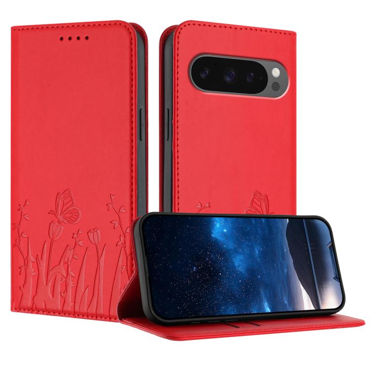 Magnetic vegan leather phone case in red with tulip and butterfly pattern, folio cover