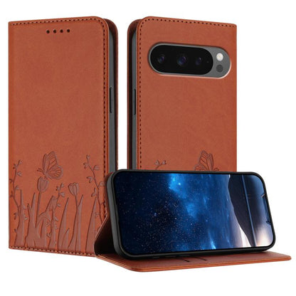 Magnetic vegan leather phone case with orange tulip and butterfly pattern, cover flap closed