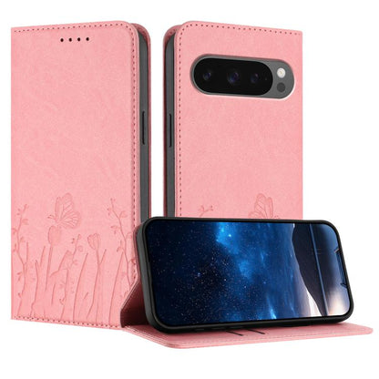 Magnetic vegan leather phone case with pink tulip and butterfly pattern, cover flap closed