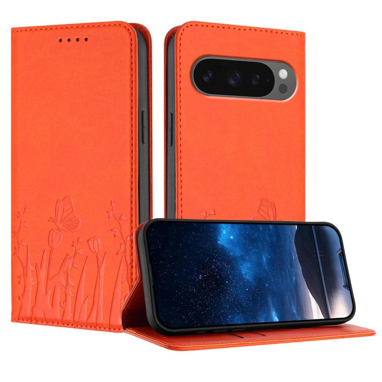 Magnetic vegan leather phone case with orange tulip and butterfly pattern, cover flap closed