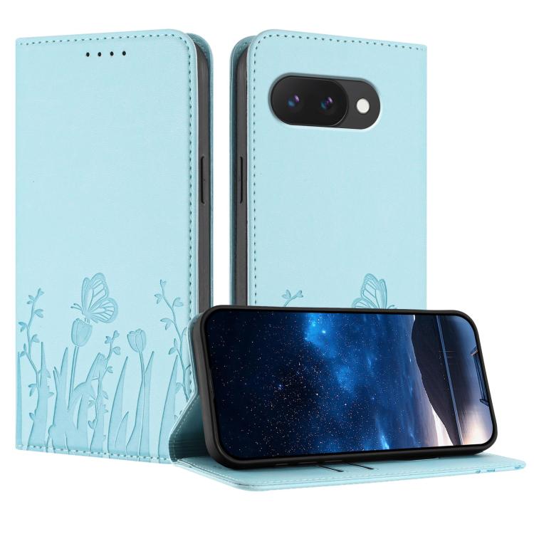 Magnetic vegan leather phone case in light blue with tulip and butterfly pattern, flip cover.