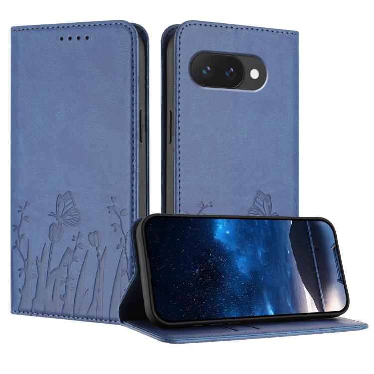 Magnetic vegan leather phone case in slate blue with tulip and butterfly pattern, flip cover.