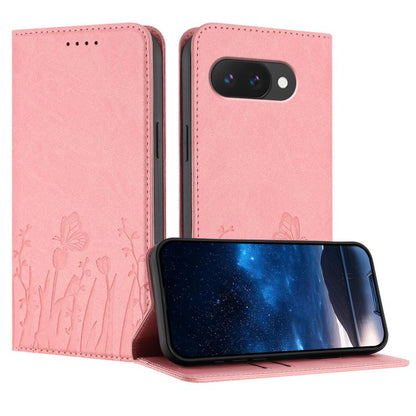 Magnetic vegan leather phone case, pink with tulip and butterfly emboss pattern, flip cover
