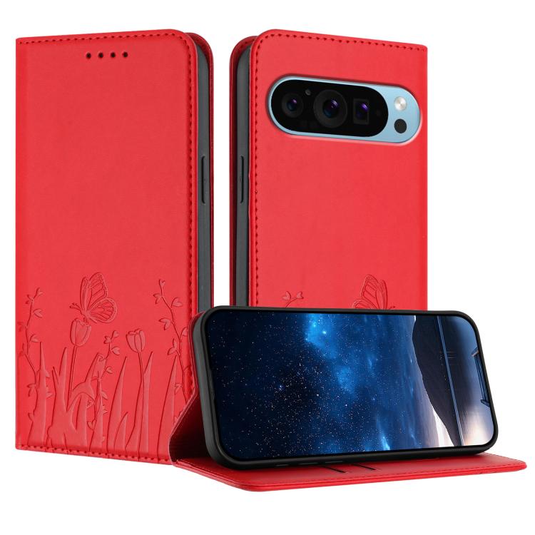 Red magnetic flip phone wallet case with tulip and butterfly pattern and camera cutout