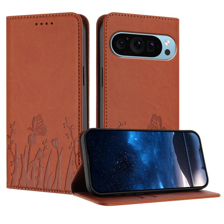 Orange magnetic vegan leather phone case with tulip and butterfly pattern folio cover