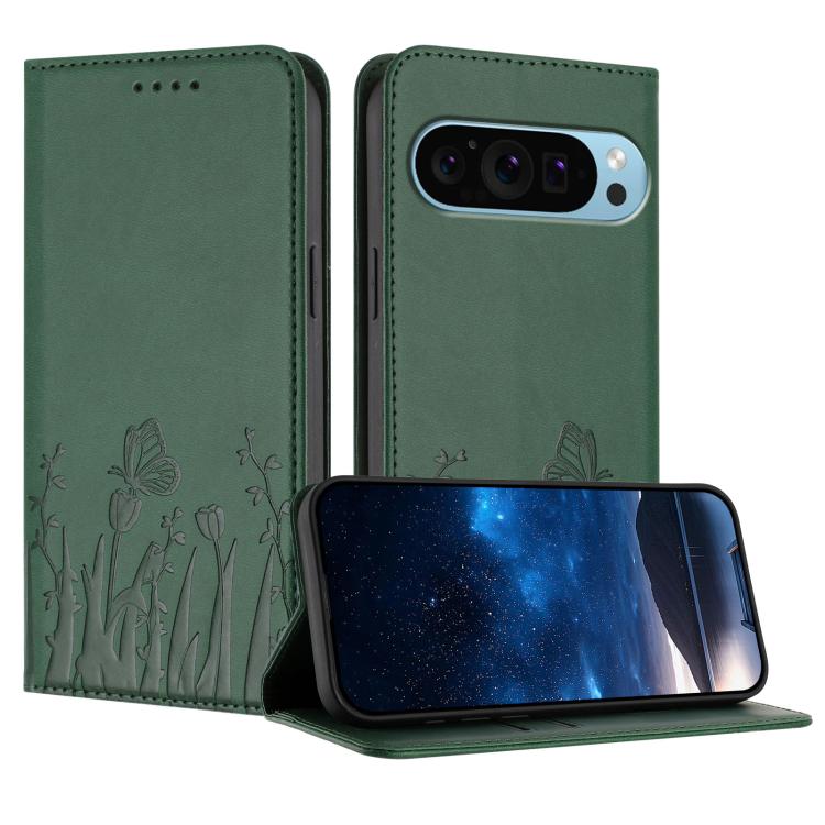 Green magnetic vegan leather phone case with tulip and butterfly pattern folio cover