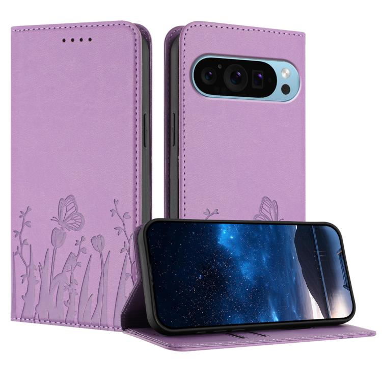 Light purple magnetic vegan leather phone case with tulip and butterfly pattern folio cover