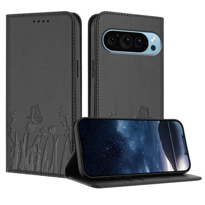 Dark gray magnetic vegan leather phone case with tulip and butterfly pattern folio cover