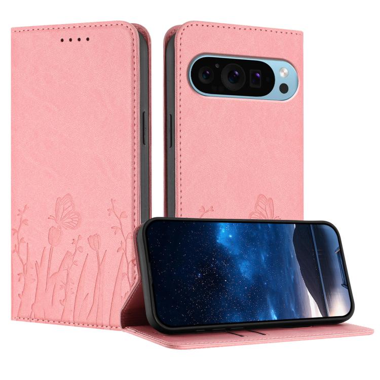 Pink magnetic vegan leather phone case with tulip and butterfly pattern folio cover