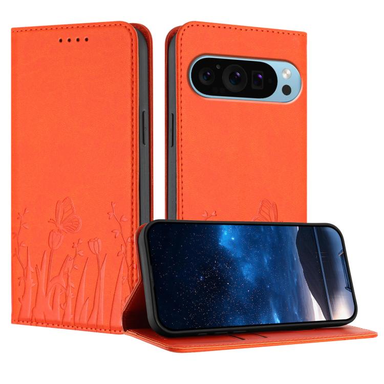 Orange magnetic vegan leather phone case with tulip and butterfly pattern folio cover